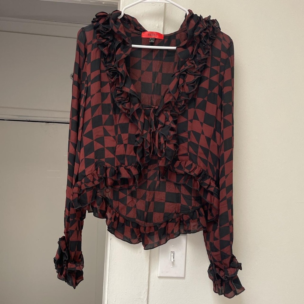Rabot Mimi Mesh Top in burgundy checkered print - Like New!